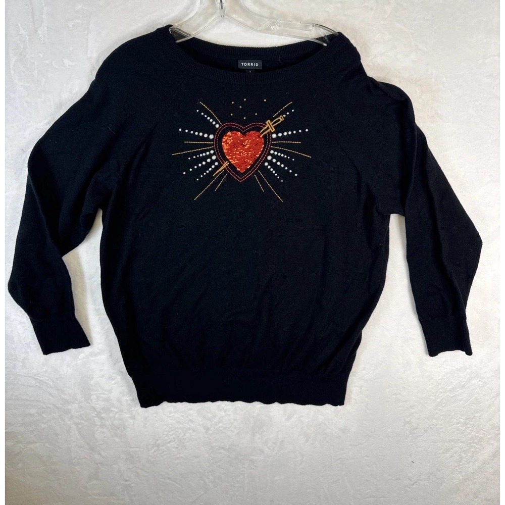 Torrid Large Everyday Soft Pullover Crew Sweater Black Heart Sequin Burst